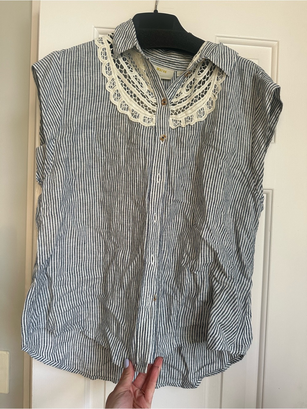 Maeve Blue and White Striped Button-Down Top with Lace Collar
